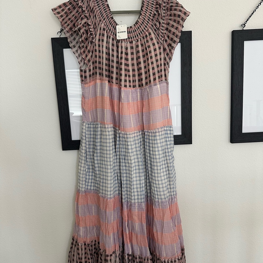 Free People Pink and Blue Checkered Maxi Dress